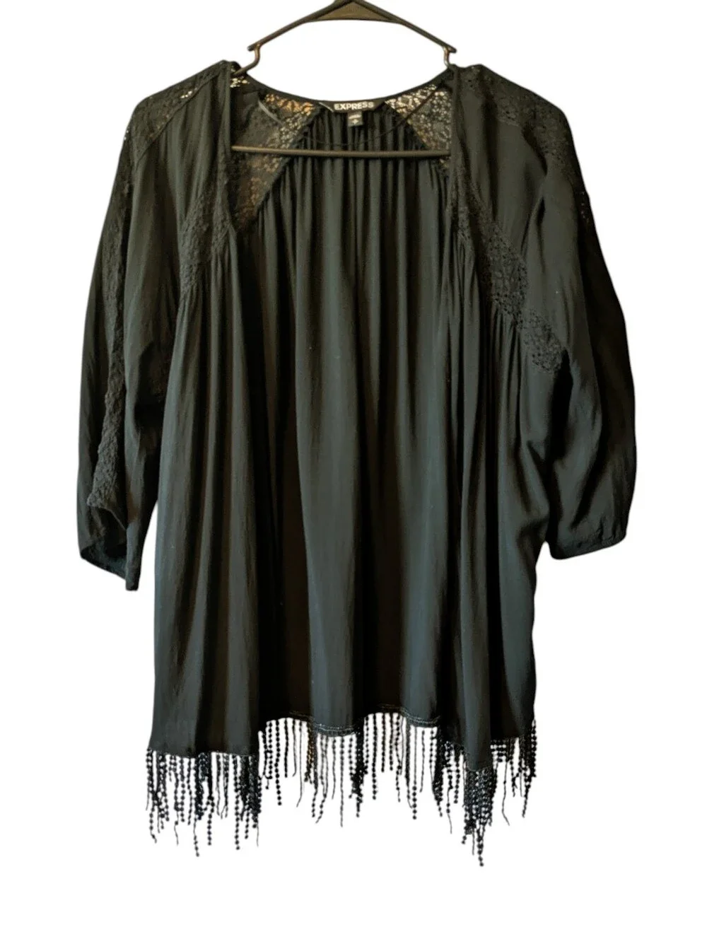 Express Black Beaded Fringe Kimono  Coverup Jacket Top Sz S